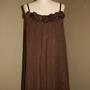 LOTUS GRACE BROWN SILK SHIFT DRESS ABOVE KNEE FLOWER APPLICATIONS - 6 MEDIUM